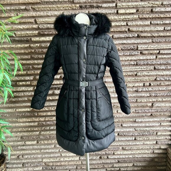 Guess Black Midweight Belted Puffer Jacket With Removable Fur Trim Size M - Picture 13 of 14